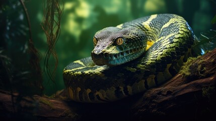 Portrait of a large snake on a branch. Generative AI