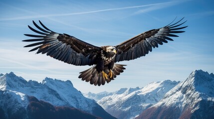 A breathtaking shot of a golden eagle soaring high above snow-capped peaks, its wings outstretched in majestic flight. Generative AI
