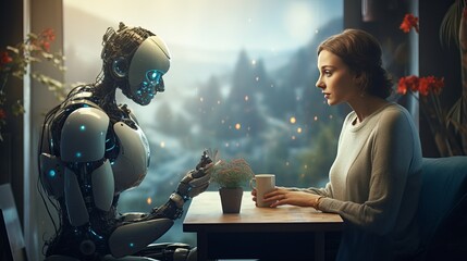 An AI robot on a virtual date with a woman, highlighting love, emotions, and friendship in the future, set in a futuristic cafe.