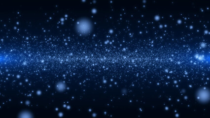 Abstract plane of flying snowflakes on blue background. Bokeh particles. 3D render.