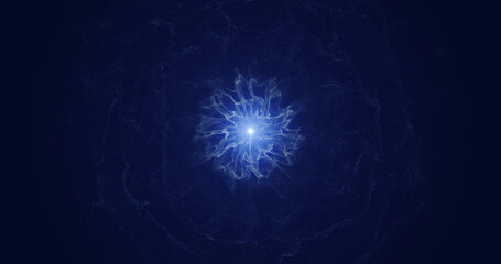 An abstract blue star rapidly radiating tongues of matter into space. Magic Ball. 3D render.