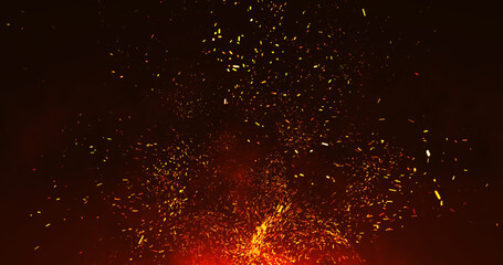 Fototapeta na wymiar Slowly flying upward sparks from the fire. Orange sparks on a red background. 3D render.