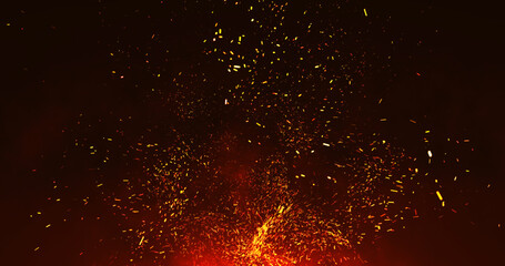 Slowly flying upward sparks from the fire. Orange sparks on a red background. 3D render.