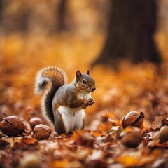 a squirrel in the middle of some leaves with nuts on it © Wirestock
