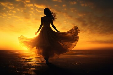 As the sky melts into a sea of pastel clouds, a woman in a flowing dress is captured in a moment of pure serenity, her silhouette dancing against the backdrop of the fiery sunset on the peaceful shor