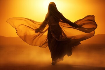As the sun set, a graceful woman in a flowing dress and veil danced with abandon, lost in the...
