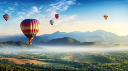 Colorful hot air balloons flying over mountain, tourist attraction on beautiful natural.