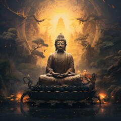 A serene and powerful symbol of enlightenment, the buddha's statue stands tall amidst a lush temple garden, radiating a soft glow that beckons all to seek inner peace and wisdom
