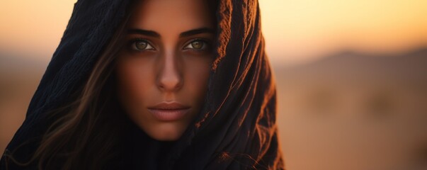 Silhouetted against the fiery sunset, a mysterious woman in a black head covering gazes with piercing eyes, her elegant portrait exuding a captivating fusion of fashion and culture