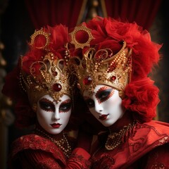Flaunting their vibrant red and gold costumes, two women adorned in masks embody the essence of tradition and revelry at a masquerade ball