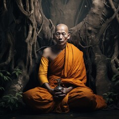 Serene in his orange robes, the monk perched in the tree, lost in meditation amidst the tranquil temple grounds - obrazy, fototapety, plakaty