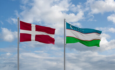 Uzbekistan and Denmark flags, country relationship concept