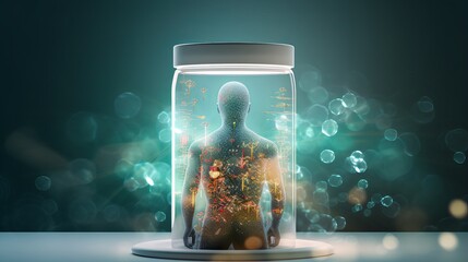 A human inside a jar symbolizing therapy, immunity, and personal health, with an emphasis on pharmaceutical and medical concepts.