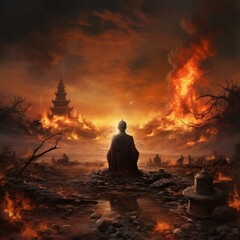 As the sun sets on the outdoor circle, a person's flame-filled gaze pierces through the cloud of pollution, heating the sky with their fiery determination to combat the wildfire disaster