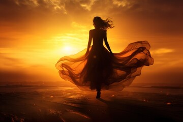 A free-spirited woman in a flowing dress dances along the beach at sunset, her silhouette against the colorful sky as a horse gallops alongside her and the waves crash in the background
