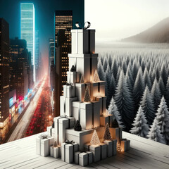 Modern Christmas Tower: Urban Cityscape Meets Winter Forest