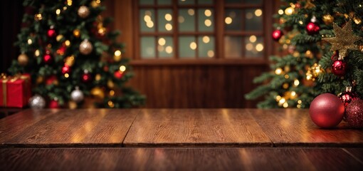 Fototapeta na wymiar wooden table in front of Christmas tree background ready for montage of the product display