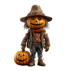 3d witch dressed in old clothes Holding a pumpkin, Halloween looks realistic,