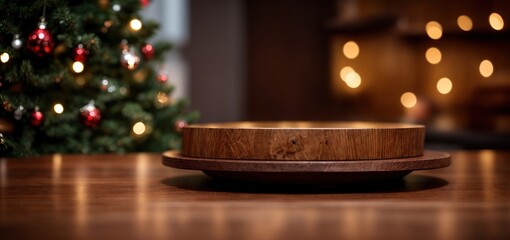 Naklejka na ściany i meble round wooden table top for product display mockup with festive christmas tree background 