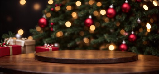 Fototapeta na wymiar round wooden table top for product display mockup with festive christmas tree background 
