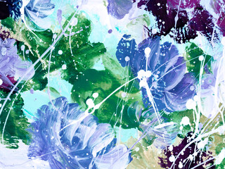 Blue abstract flowers, original hand drawn, impressionism style, color texture, brush strokes of paint,  art background.