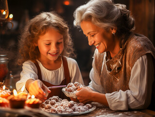 grandmother and granddaughter baking cookies for christmas