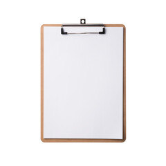 Brown clipboard with clip at the top for papers. Single clipboard, writing board with papers. Realistic, photography, isolated on white background.