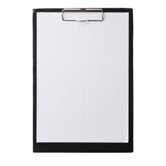 Black clipboard with clip at the top for papers. Single clipboard, writing board with papers. Realistic, photography, isolated on white background.
