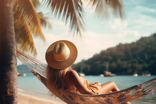 Happy traveler woman relax in hammock on beach, Summer travel vacation.