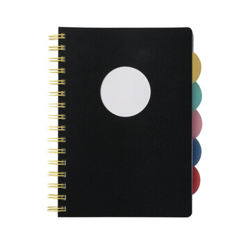 Closed paper notebook with black cover, spiral binding, and colorful tabs. Realistic, photography, isolated on white background.
