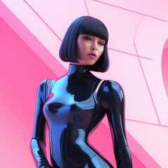 young futuristic woman in a body latex suit in front of a minimal architectural backdrop in pink tones