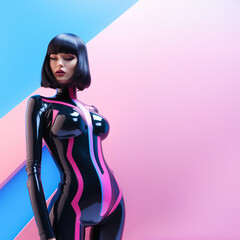 young futuristic woman in a body latex suit in front of a minimal architectural backdrop in pink tones