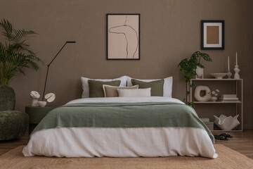 Interior design of warm bedroom interior with mock up poster frame, white and green bedding, beige...