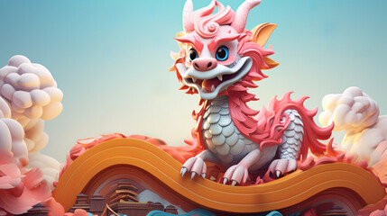 Chinese new year Festival cute 3D dragon cartoon, AI generated - obrazy, fototapety, plakaty