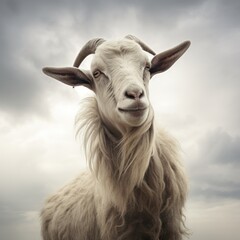 Obraz premium A majestic goatantelope stands tall amidst a cloudy sky, its long hair flowing in the wind, embodying the untamed spirit of the outdoors and the beauty of livestock