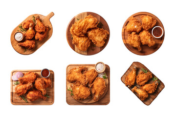 collection of crispy fried chicken on a wooden cutting board isolated on a transparent background,...