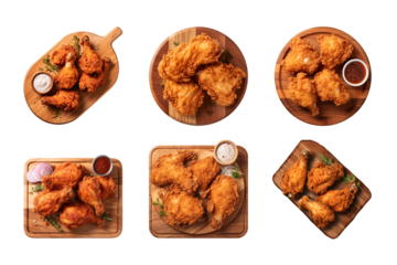 collection of crispy fried chicken on a wooden cutting board isolated on a transparent background, cut out
