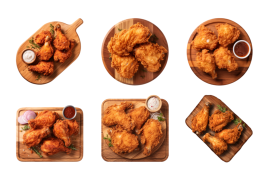collection of crispy fried chicken on a wooden cutting board isolated on a transparent background, cut out