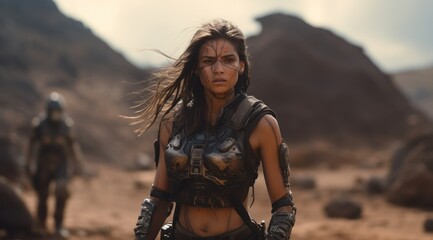 Obraz premium As the fiery sun beat down on the desert landscape, a fierce woman in rugged outdoor gear stood tall with a gun in hand, ready to conquer any mountain or challenge that lay ahead