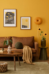 Interior design of yellow living room interior with mock up poster frame, brown sofa, wooden coffee...