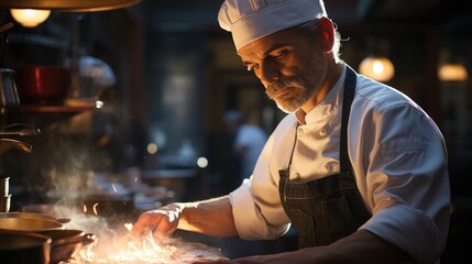 Dedicated Chef Mastering the Flames in Intense Kitchen Scene