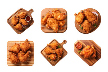 collection of crispy fried chicken on a wooden cutting board isolated on a transparent background, cut out