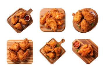 collection of crispy fried chicken on a wooden cutting board isolated on a transparent background, cut out