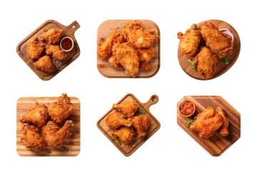 Foto op Plexiglas collection of crispy fried chicken on a wooden cutting board isolated on a transparent background, cut out © agungai