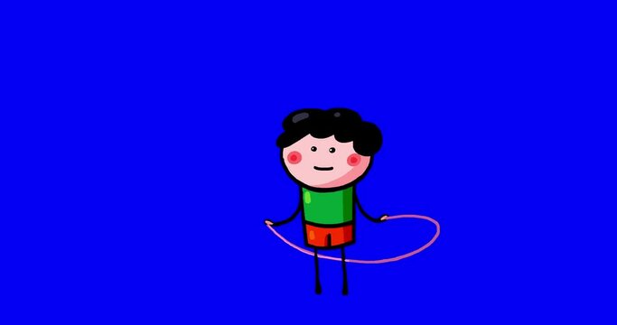 Cartoon kid character moves Tomek boy isolated skipping rope non stop loop play. Moving child serie transparent bluebox. Useful content presenter no background.
