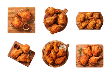 collection of crispy fried chicken on a wooden cutting board isolated on a transparent background, cut out
