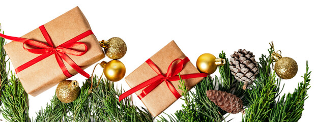 Christmas ornaments and gift isolated on white or transparent background.