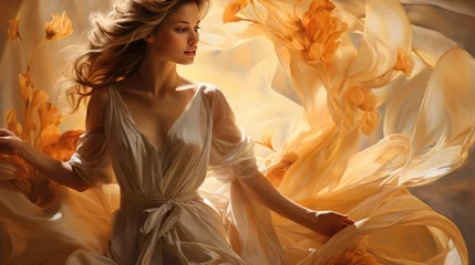 Deurstickers Ethereal Beauty Radiates Amidst Sunlit Flowing Silken Drapes © _veiksme_