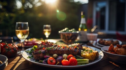 Fototapeta premium A table topped with plates of food and glasses of wine