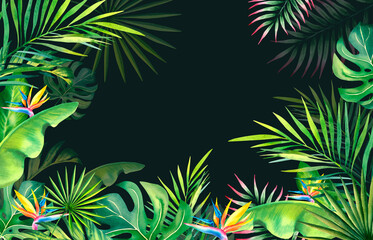 Fototapeta na wymiar Frame made of palm leaves, banana branches, strelitzia. Tropical plants and birds. Watercolor illustration. Carnival in Brazil. Rio de Janeiro. Summer mood. Banner, template.